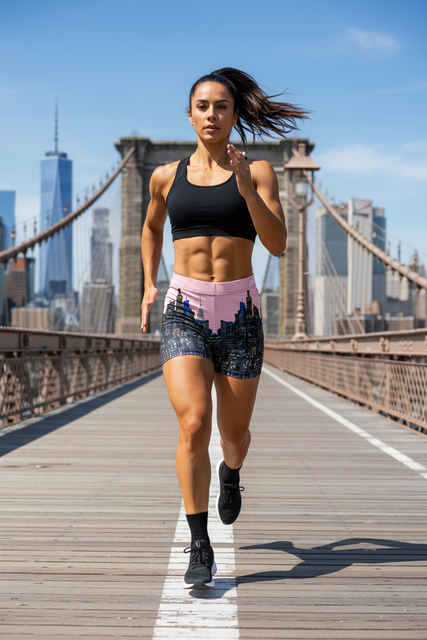 Woman wearing Loria NYC Art shorts running on a bridge with city skyline in the background