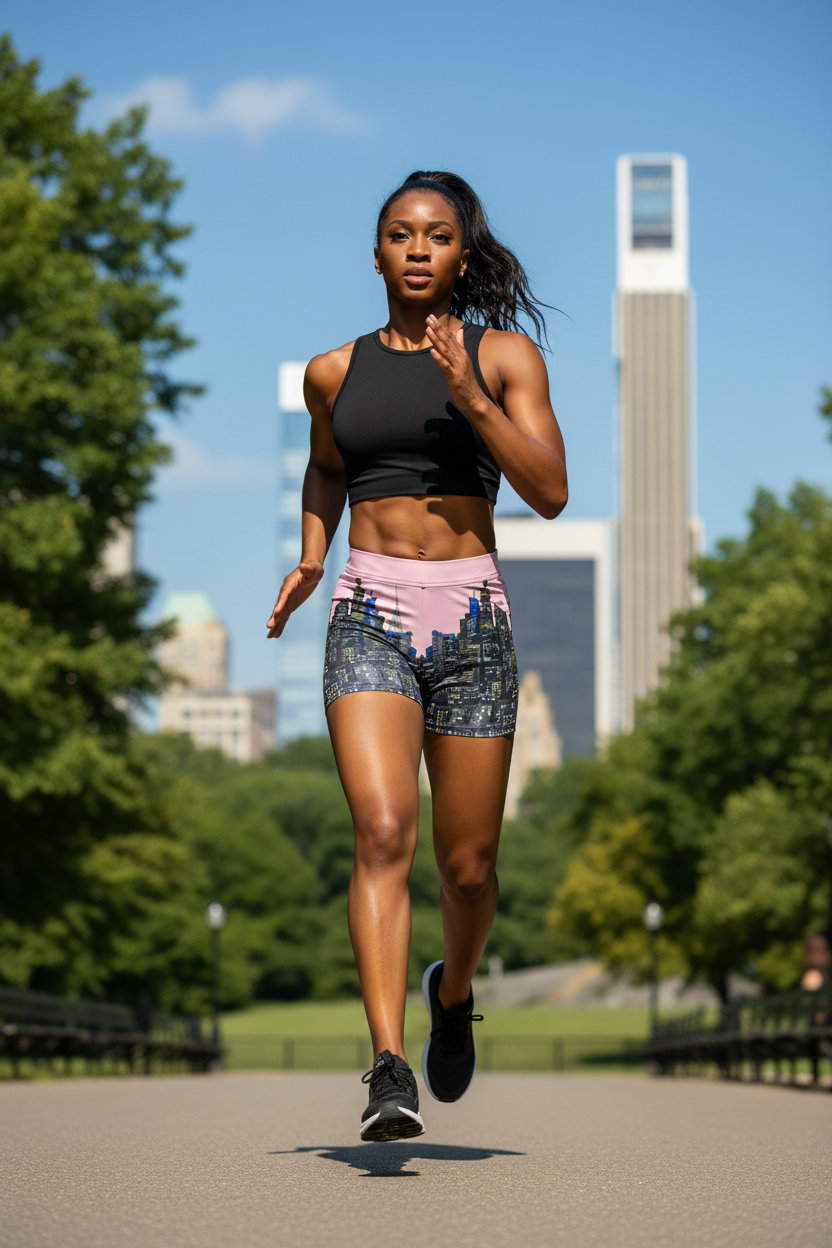 Woman wearing Loria NYC Art running shorts in a park with buildings in the background