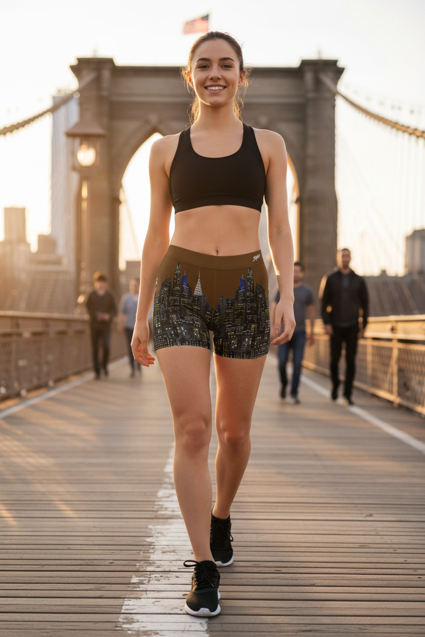 Woman in athletic Loria NYC Art wear walking on a bridge with a cityscape background