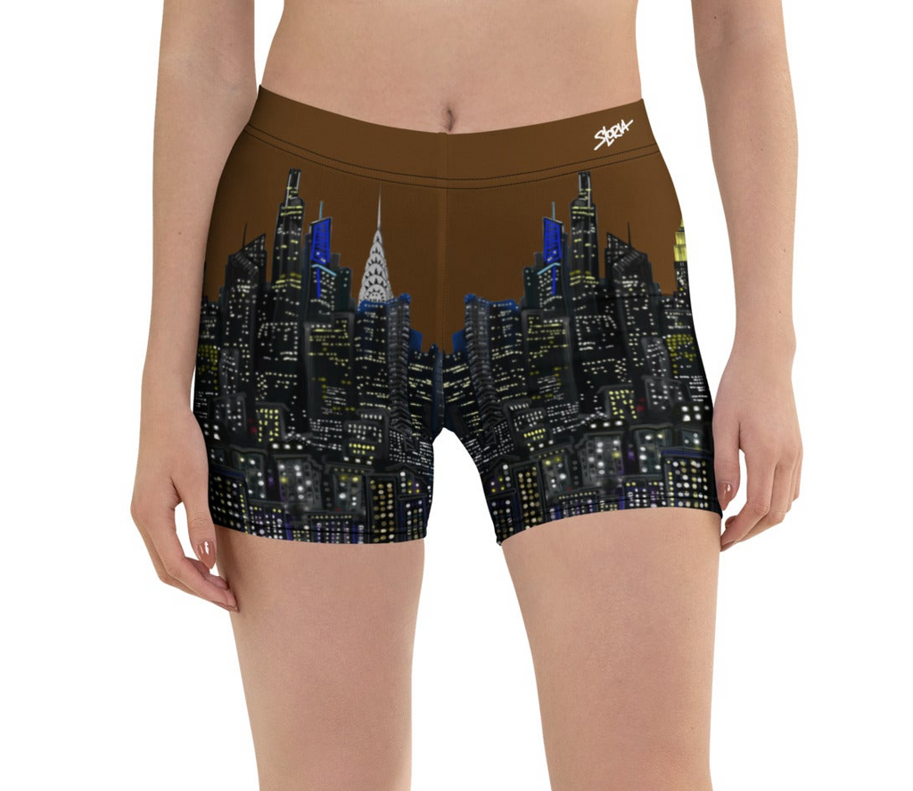Cityscape Loria NYC Art shorts worn by a person on a white background