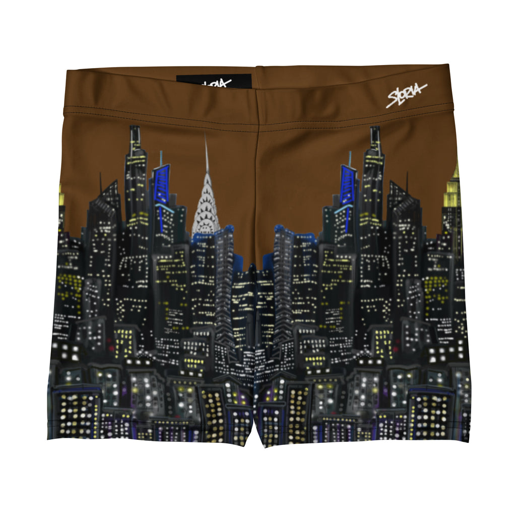 Cityscape Loria NYC Art shorts with a brown background and skyline design on a white background
