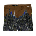 Cityscape Loria NYC Art shorts with a brown background and skyline design on a white background