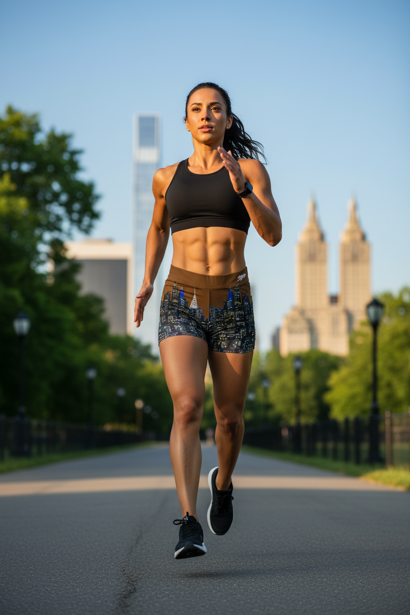Woman running on a path wearing Loria NYC Art city skyline shorts in t a park background