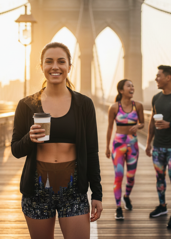 Girl wearing brown Loria NYC Art cityscape shorts on a bridge at sunset, enjoying coffee and exercise.
