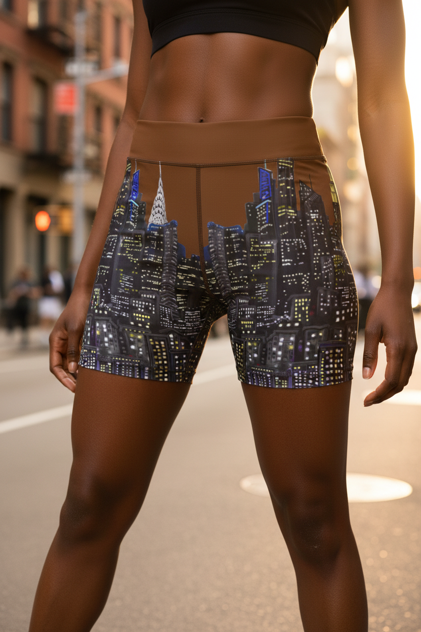 Person wearing Loria NYC Art cityscape printed shorts on a street background