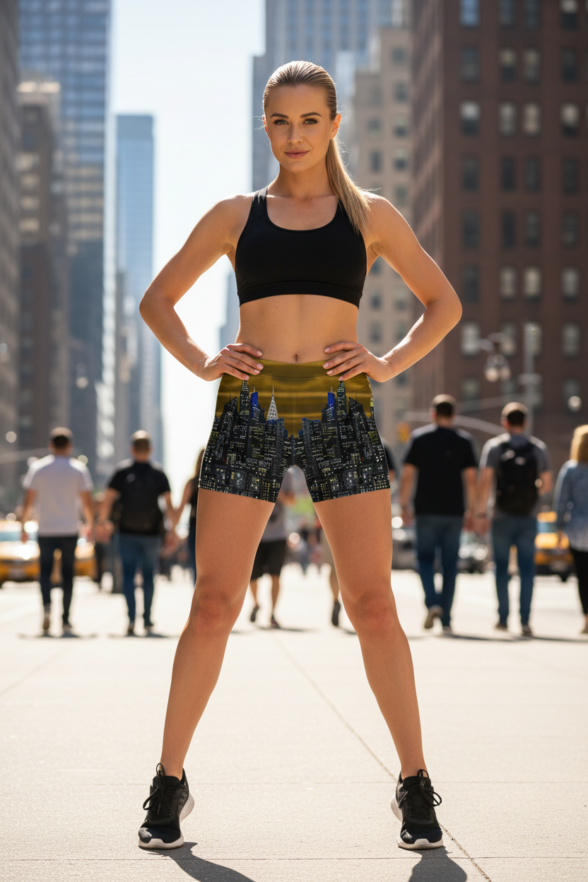 Woman in Loria NYC Art athletic wear standing on a city street with tall buildings in the background