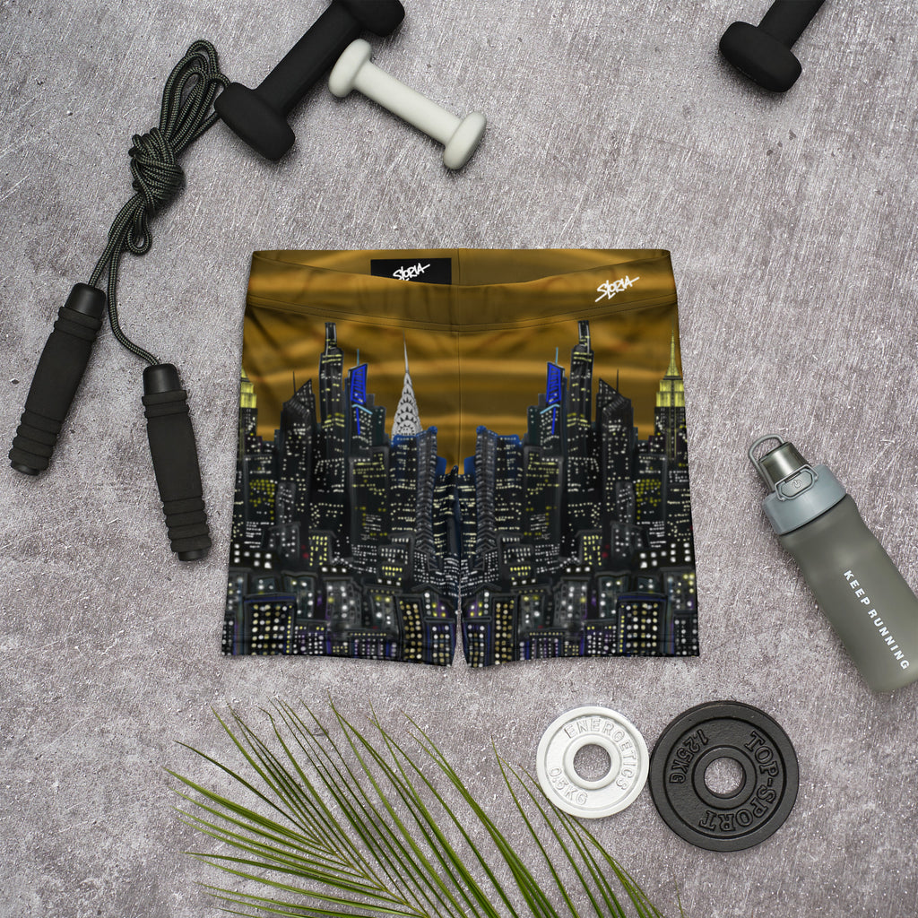 Cityscape Loria NYC Art design fabric on a gray surface with fitness equipment