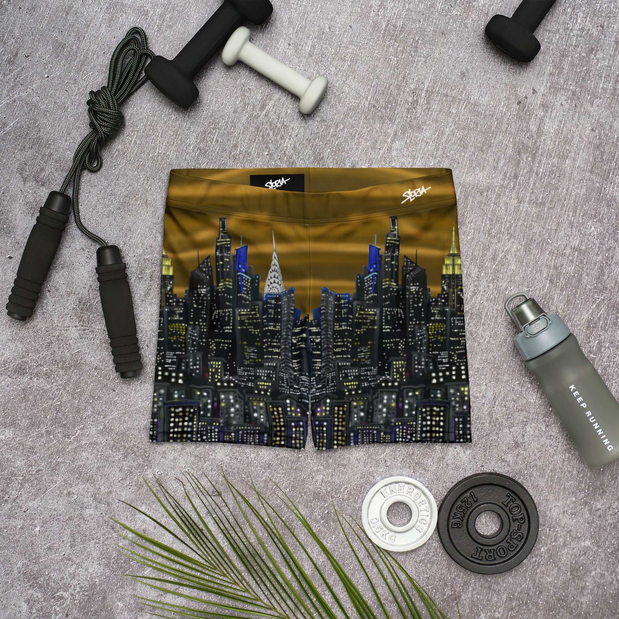Cityscape Loria NYC Art design fabric on a gray surface with fitness equipment