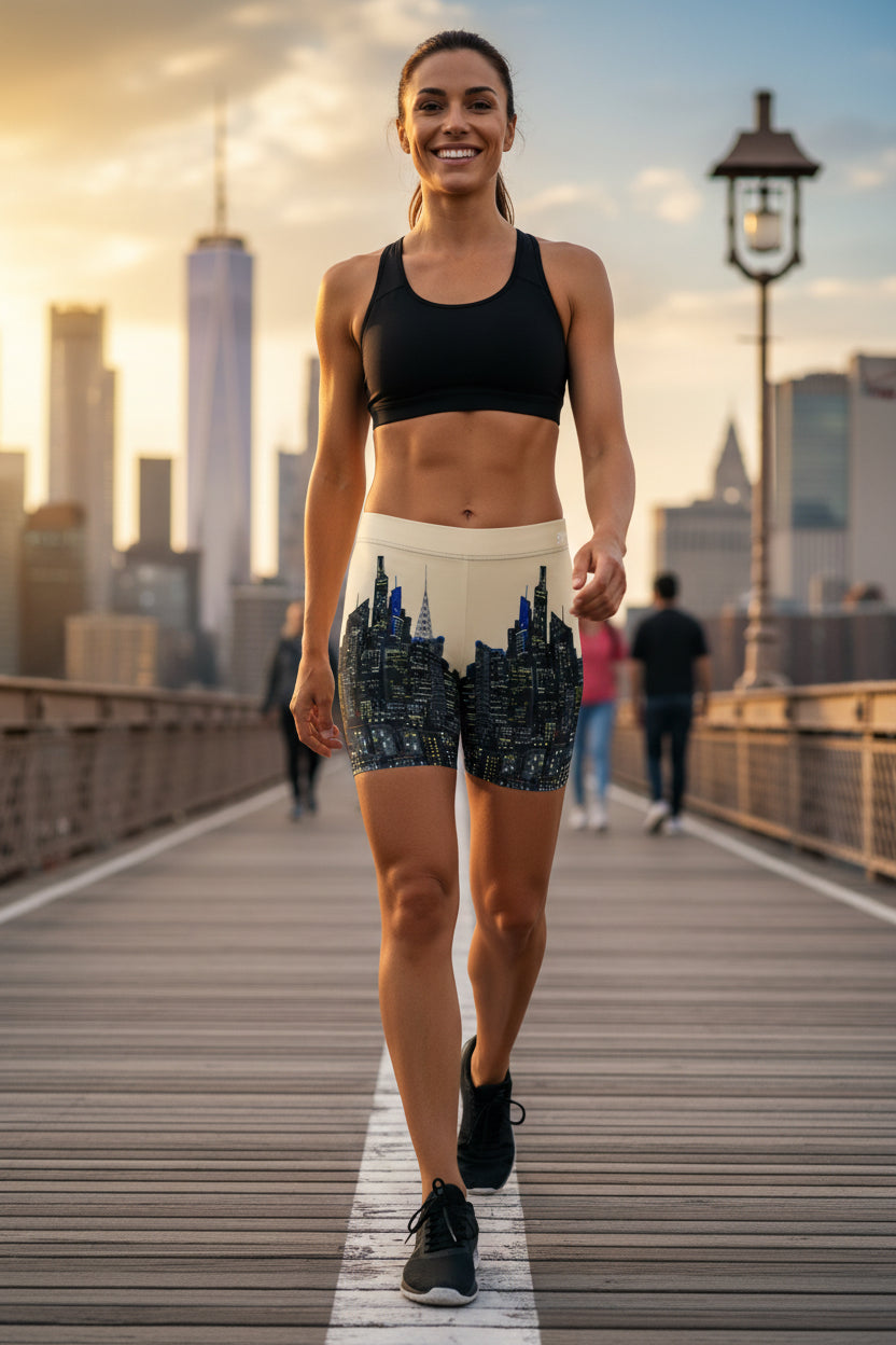 Città Papaya Yoga Shorts with S.Loria NYC design worn by a person on a urban background