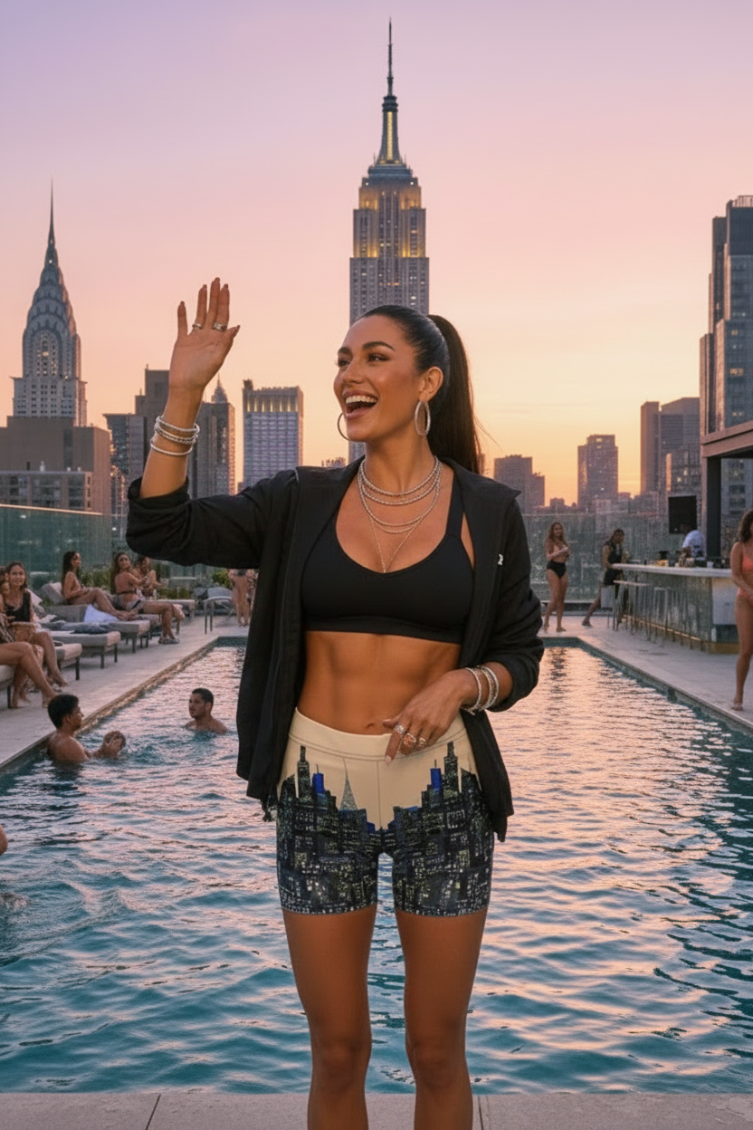 Woman standing by a rooftop pool wearing Loria NYC Art city skyline shorts in the background