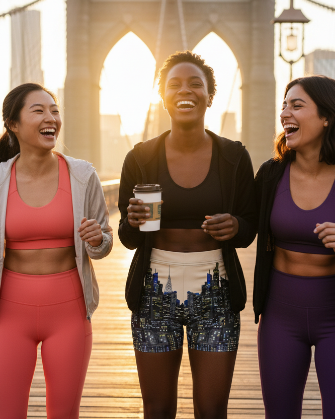 Three women laughing and exercising on a bridge with one wearing Loria NYC Art  city skyline shorts