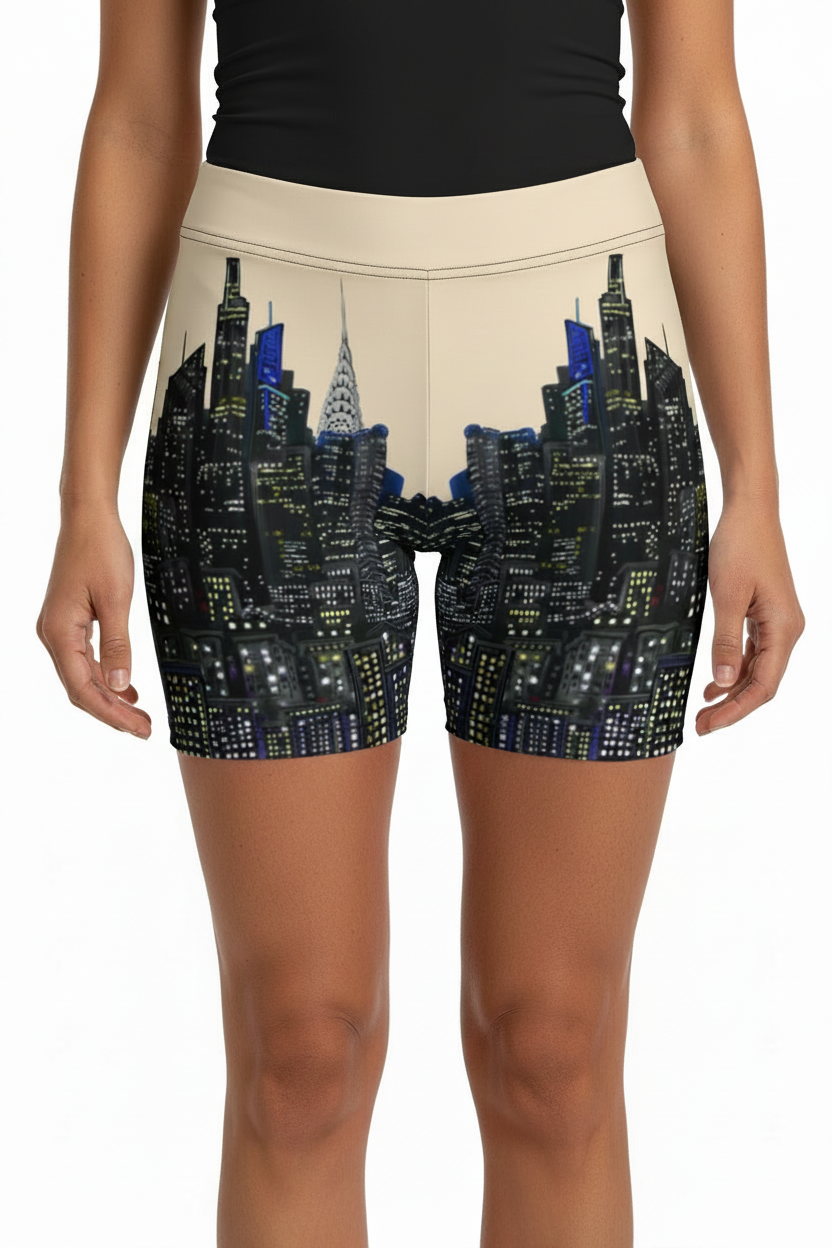 Shorts with a cityscape Loria NYC Art design on a plain background