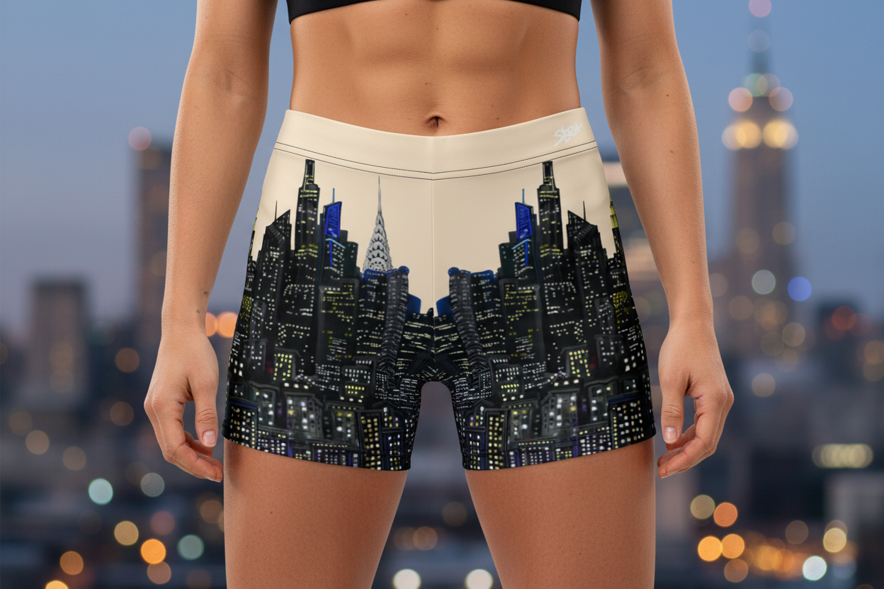 Person wearing shorts with a cityscape Loria NYC Art design against a blurred city lights background