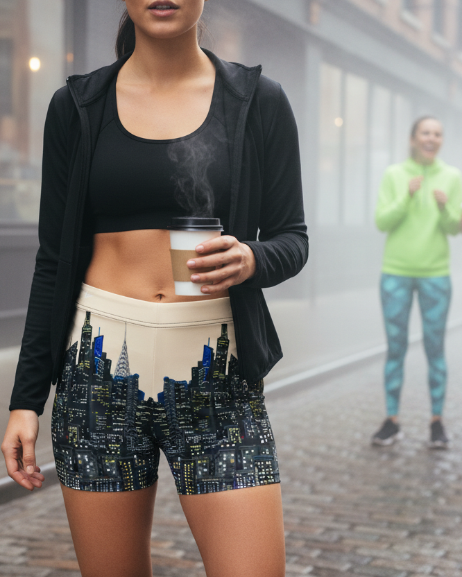 Woman walking on a city street wearing patterned Loria NYC Art shorts and holding a coffee cup.
