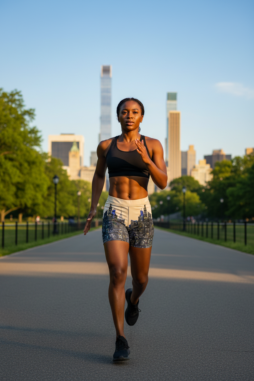 Woman running on a path wearing  a Loria NYC Art city skyline shorts in a park