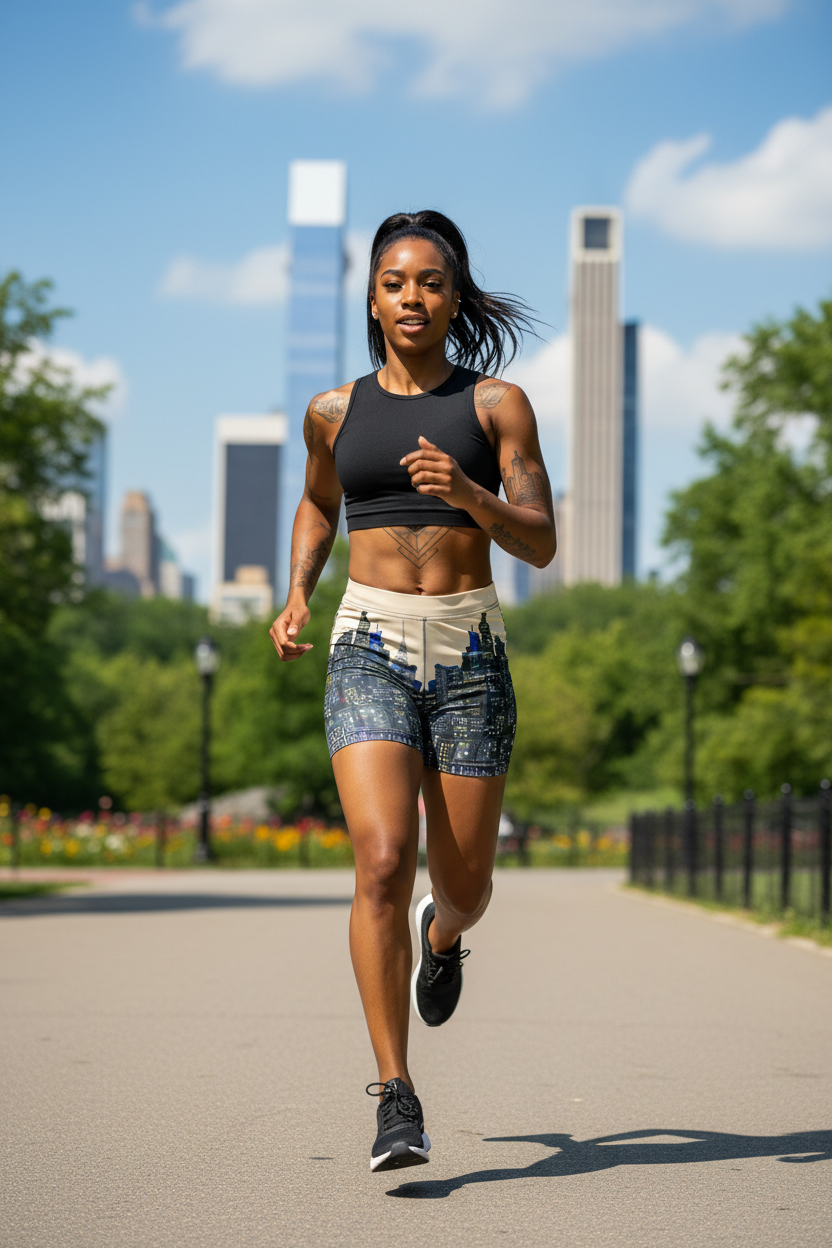 Woman running on a path wearing Loria NYC Art city skyline shorts  in park