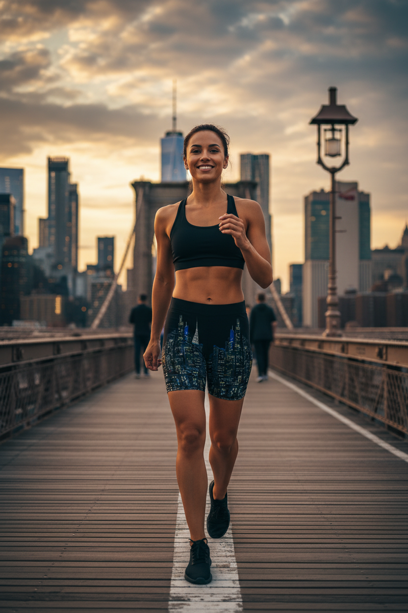 Woman in athletic Loria NYC Art wear walking on a bridge with a city skyline in the background