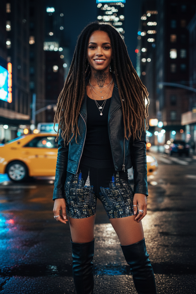 Woman wearing Loria NYC Art shorts with long braided hair standing on a city street at night.