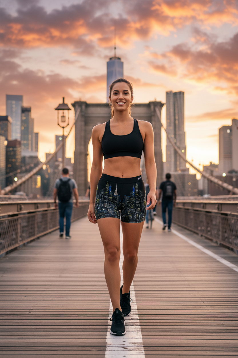 Woman in athletic Loria NYC Art wear walking on a bridge with a city skyline and sunset in the background
