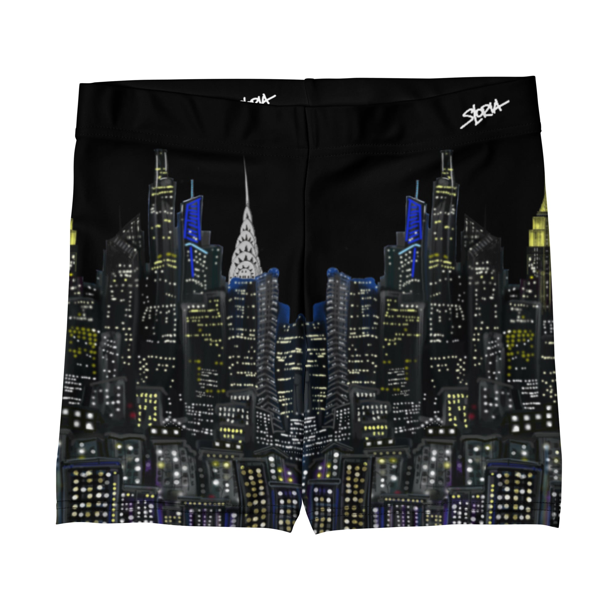 Black swim briefs with a cityscape design on a white background