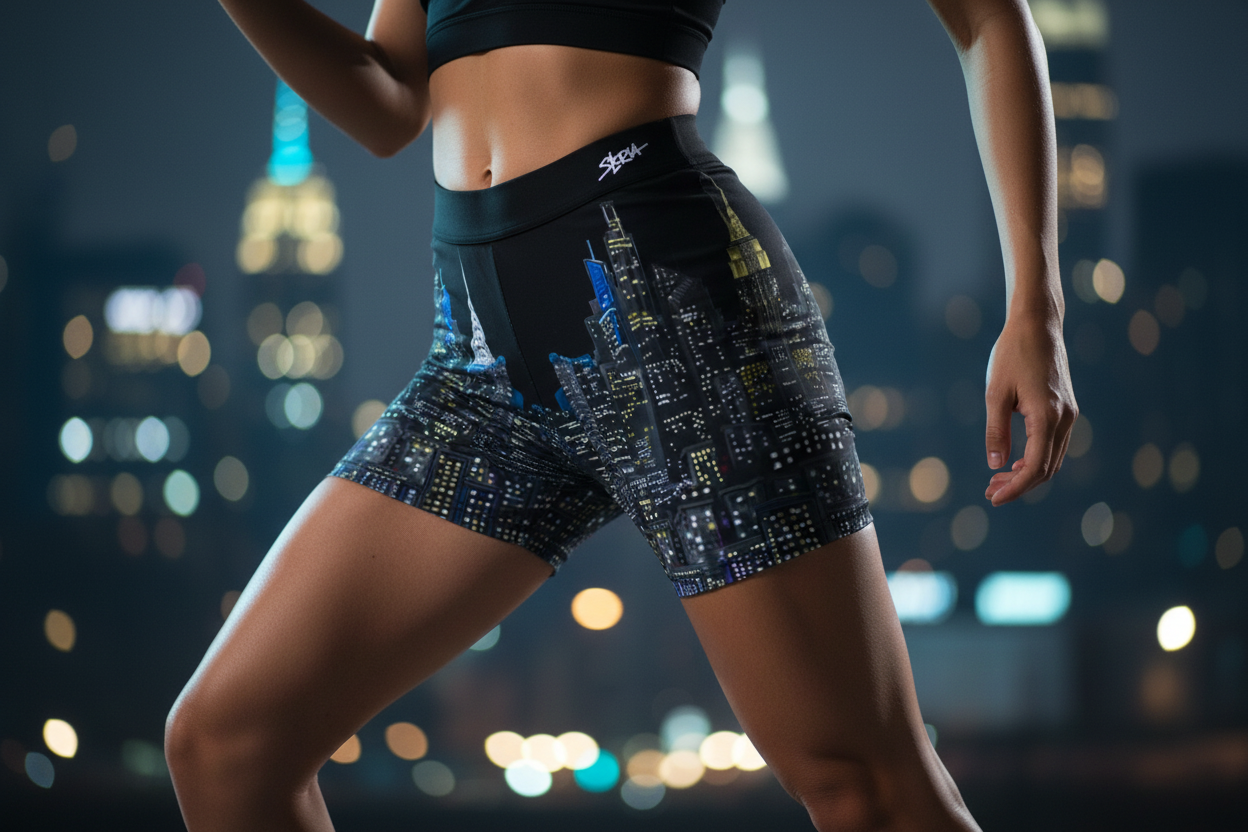 Person wearing patterned Loria NYC Art shorts with a cityscape background