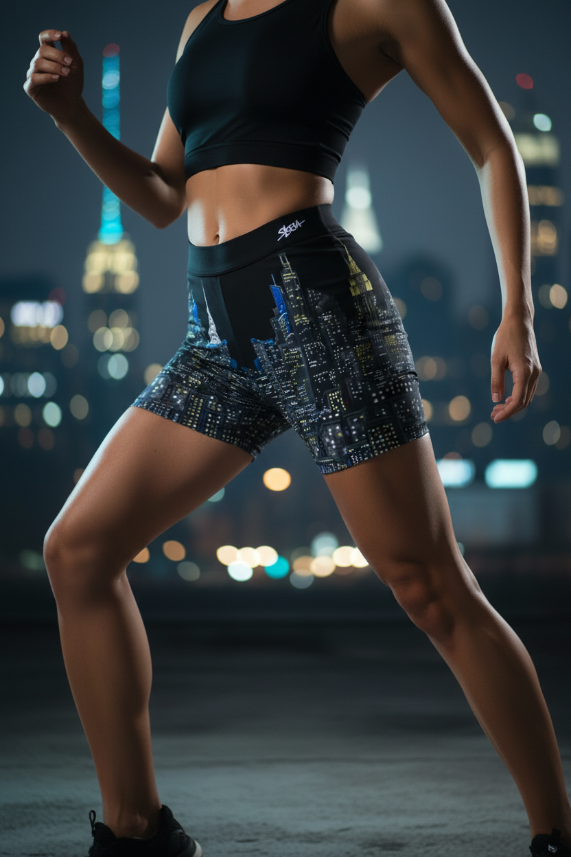 Person wearing Loria NYC Art athletic shorts with a cityscape background