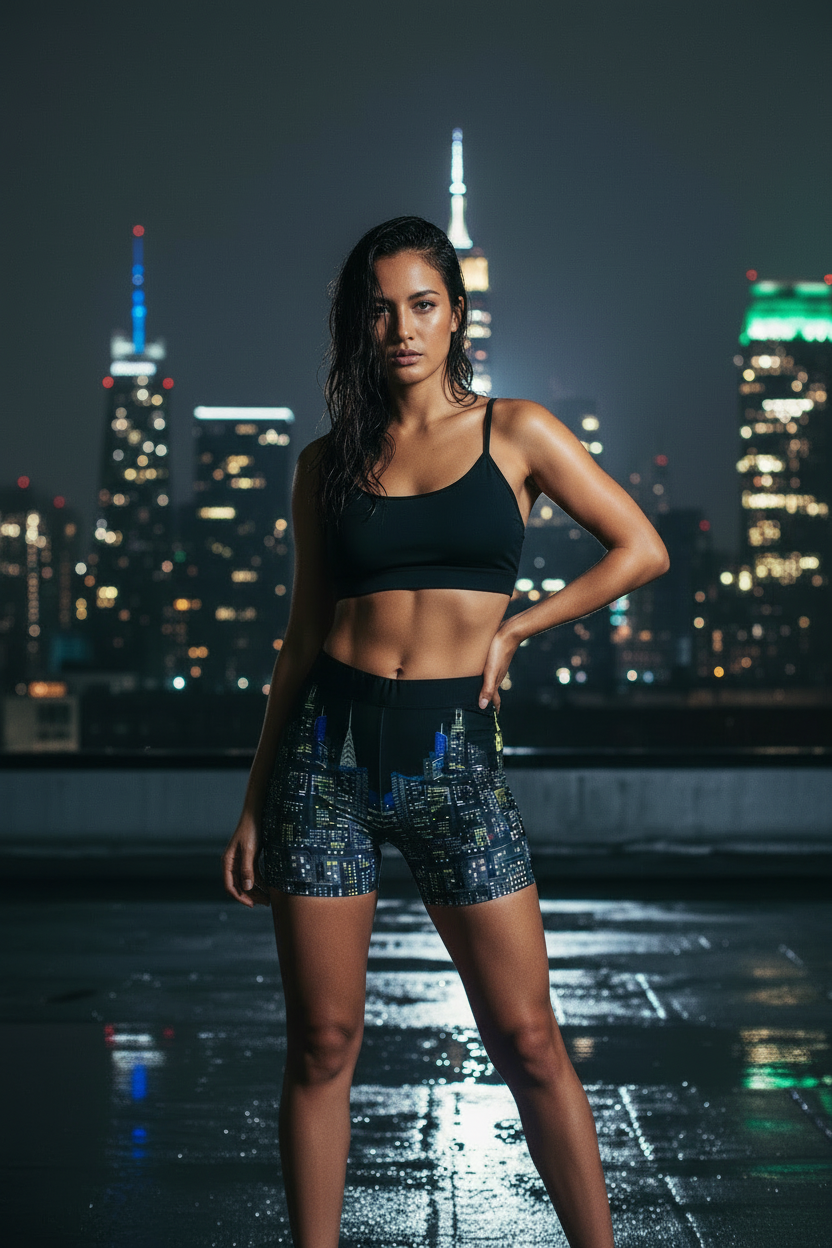 Woman in Loria NYC Art athletic wear standing on a rooftop with a city skyline in the background