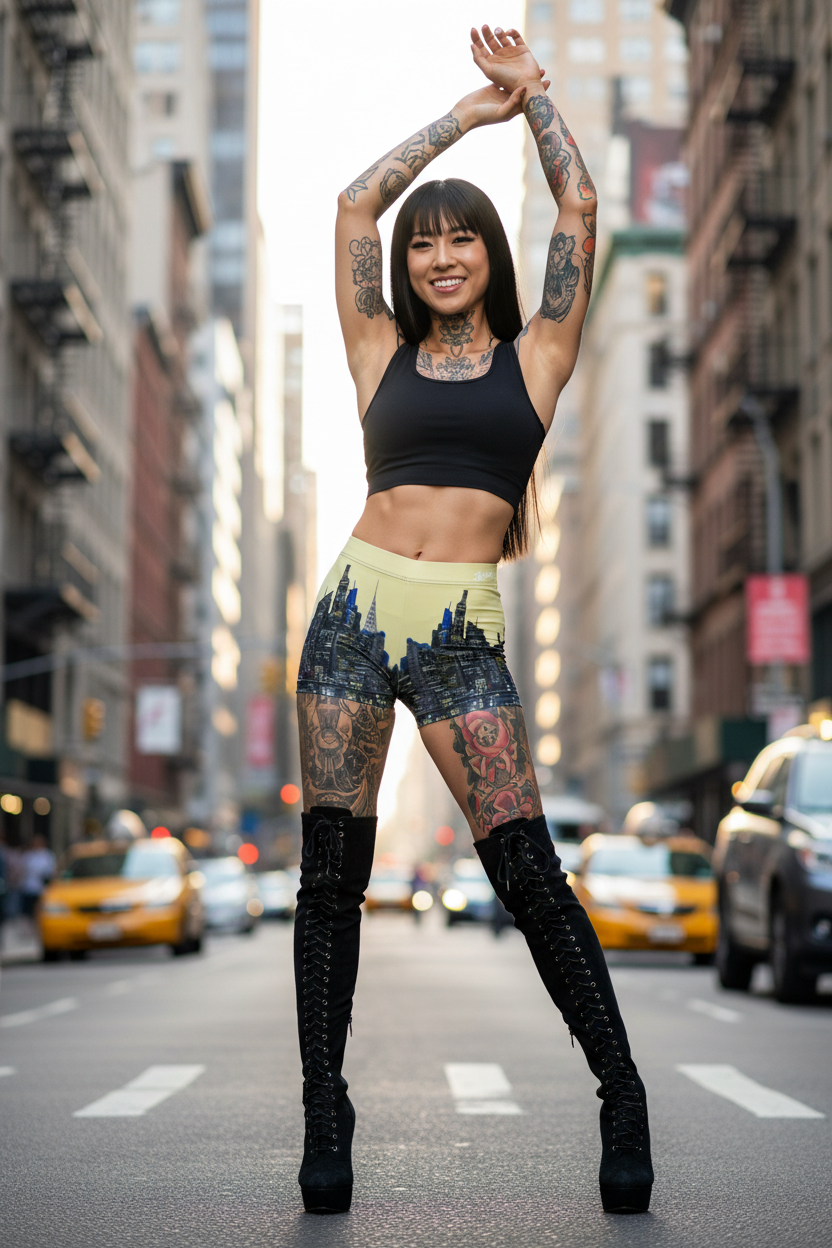 Woman with tattoos and colorful Loria NYC Art shorts posing on a city street