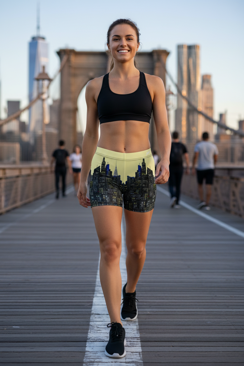 Woman in athletic Loria NYC Art wear walking on a bridge with city skyline in the background