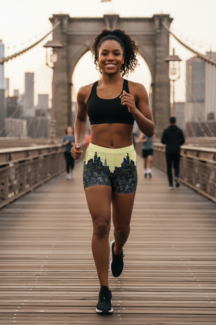 Woman wearing Loria NYC Art shorts running on a bridge with a city skyline in the background