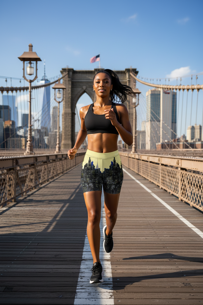 Woman wearing Loria NYC Art shorts running on the Brooklyn Bridge with a city skyline in the background