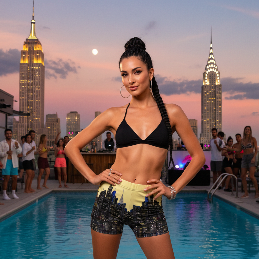 Woman posing with Loria NYC Art shorts by a pool with city skyline in the background