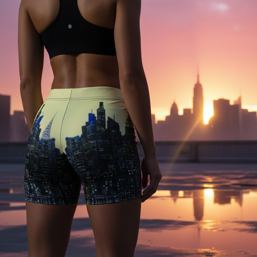 Person wearing Loria NYC Art shorts with cityscape design at sunset with skyline in the background