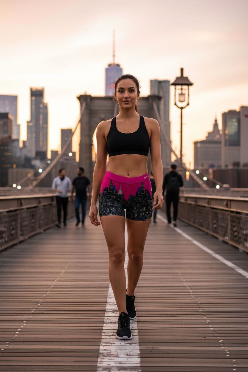 Woman in athletic Loria NYC Art wear walking on a bridge with city skyline in the background