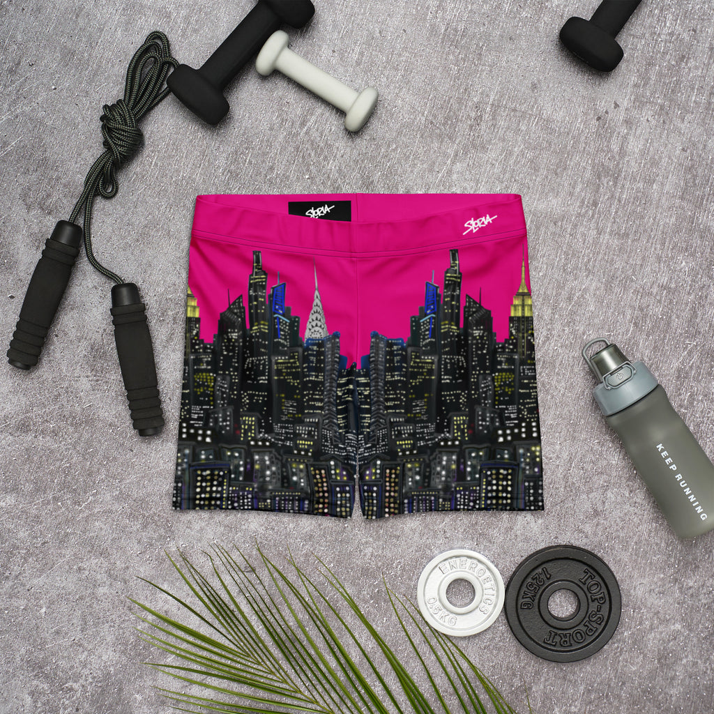 Cityscape Loria NYC Art shorts with fitness equipment on a gray surface