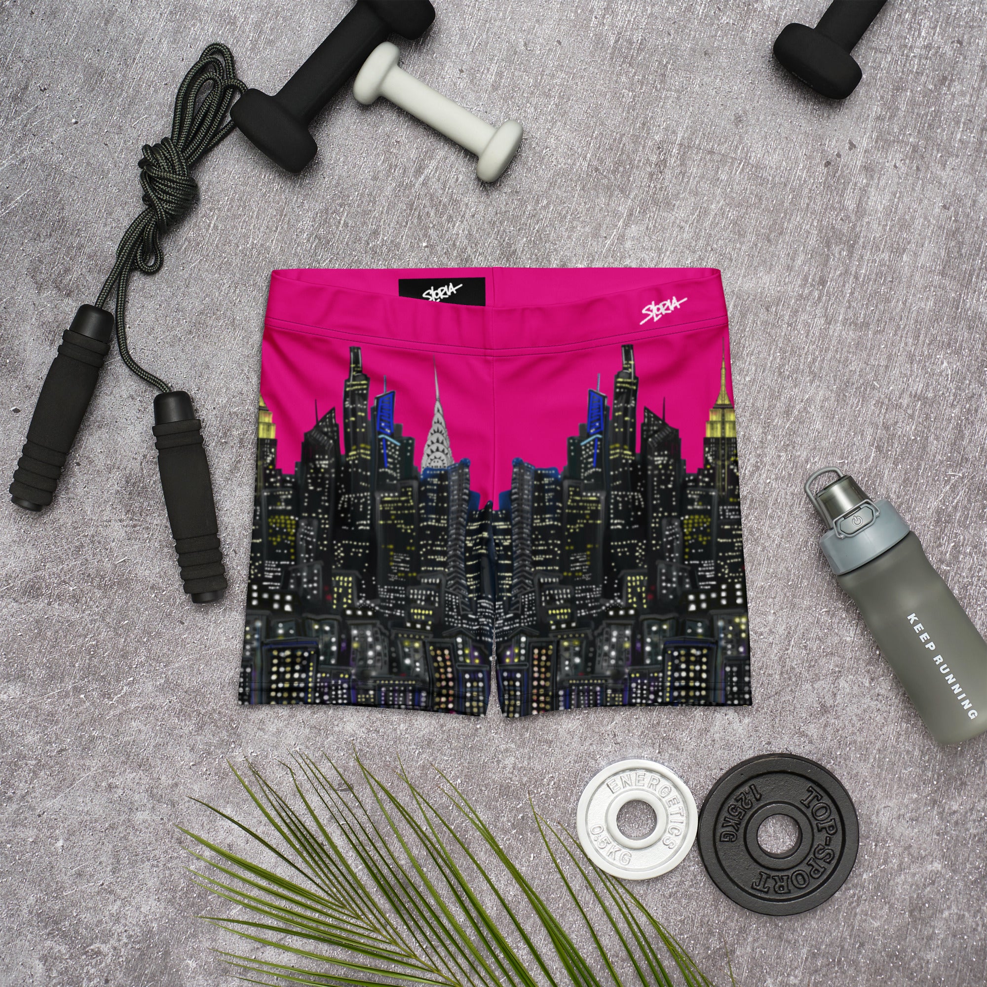 Cityscape Loria NYC Art shorts with fitness equipment on a gray surface