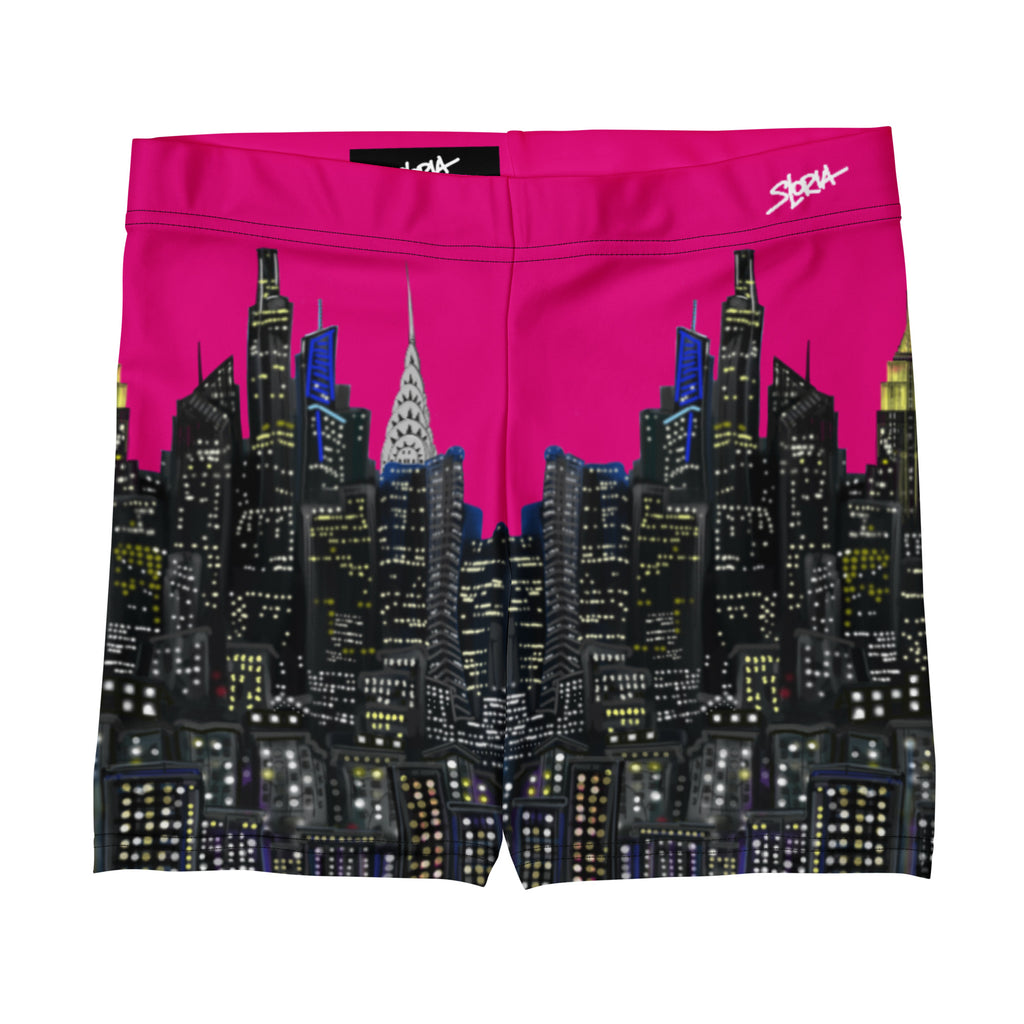 Pink  biker shorts with cityscape Loria NYC Art design on a white background