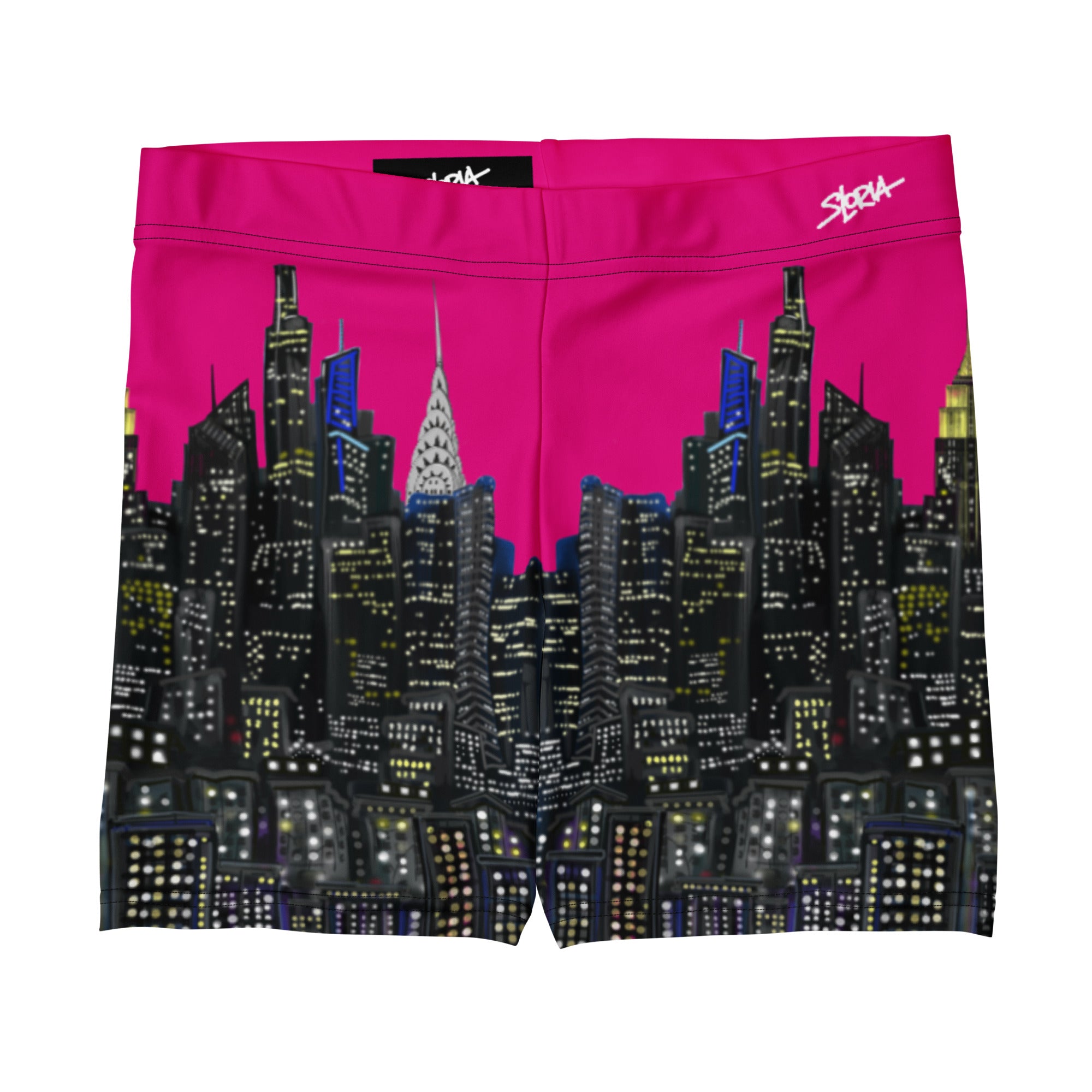 Pink  biker shorts with cityscape Loria NYC Art design on a white background