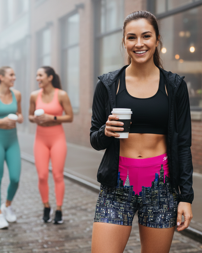 Woman in athletic Loria NYC Art wear holding a coffee cup, with two other women in the background.
