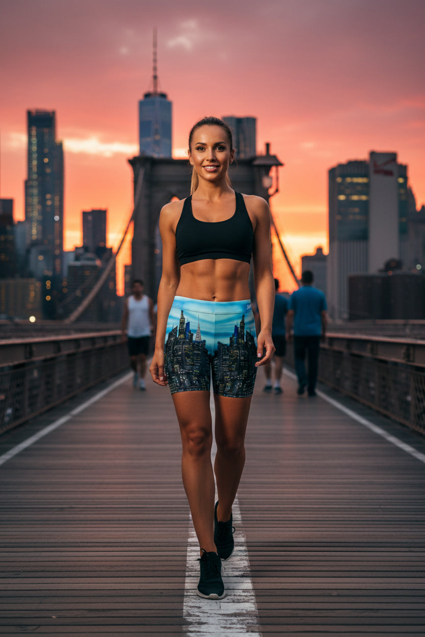 Cityscape Loria NYC Art shorts worn by a person on a urban background