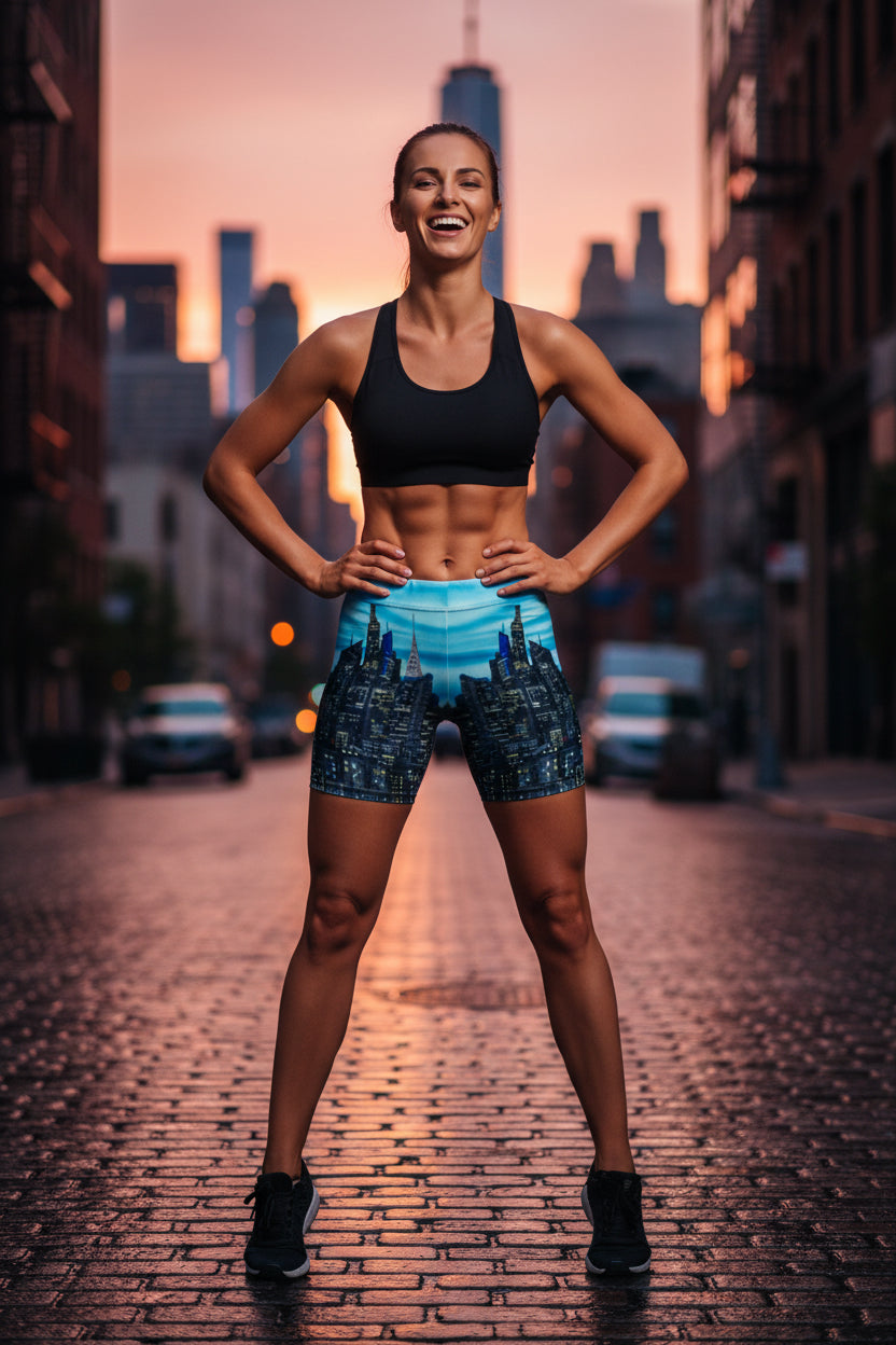 Person wearing a pair of shorts with a cityscape Loria NYC Art design on a urban background