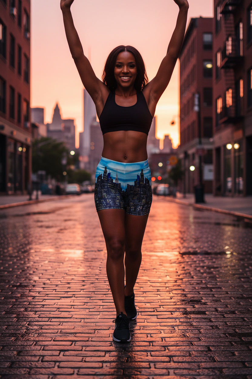 Person wearing shorts with a Loria NYC Art cityscape design on a urban background