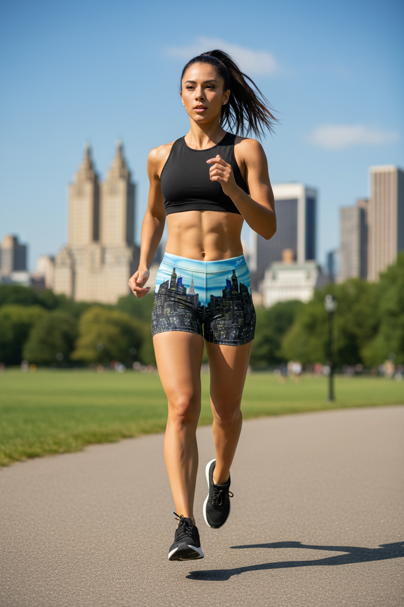 Girl running in park wearing blue cityscape Loria NYC Art shorts 