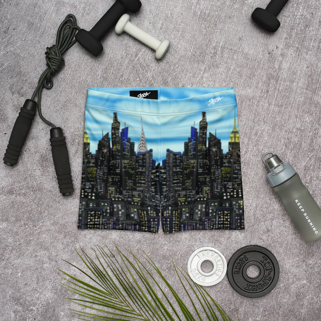 Cityscape Loria NYC Art shorts with fitness equipment on a gray surface