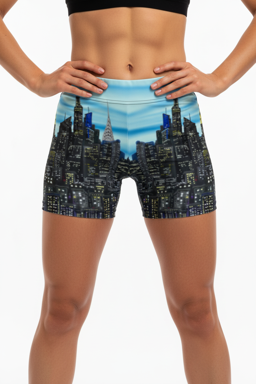 Person wearing shorts with a Loria NYC Art cityscape design on a plain background