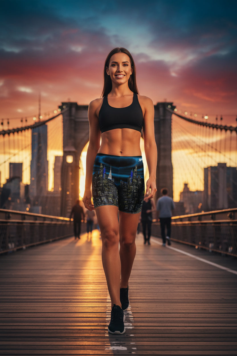 Person wearing black shorts with cityscape Loria NYC Art design on a urban background