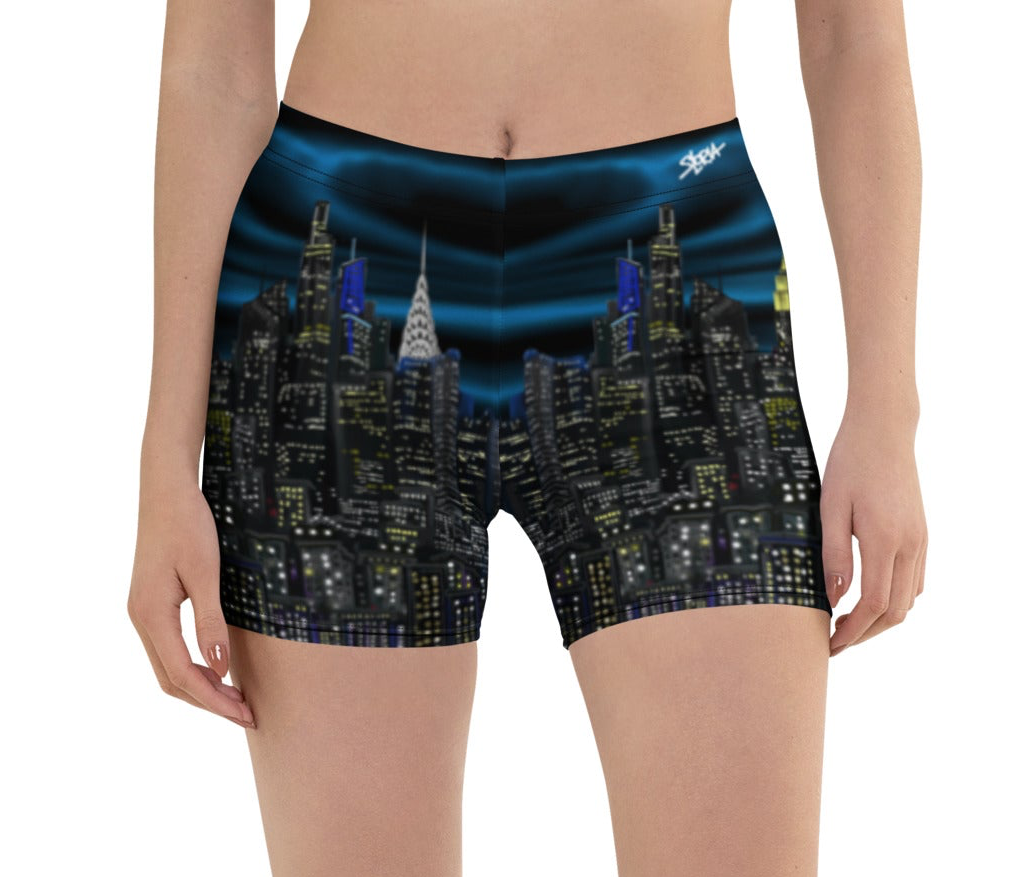 Cityscape Loria NYC Art design swim shorts on a plain background