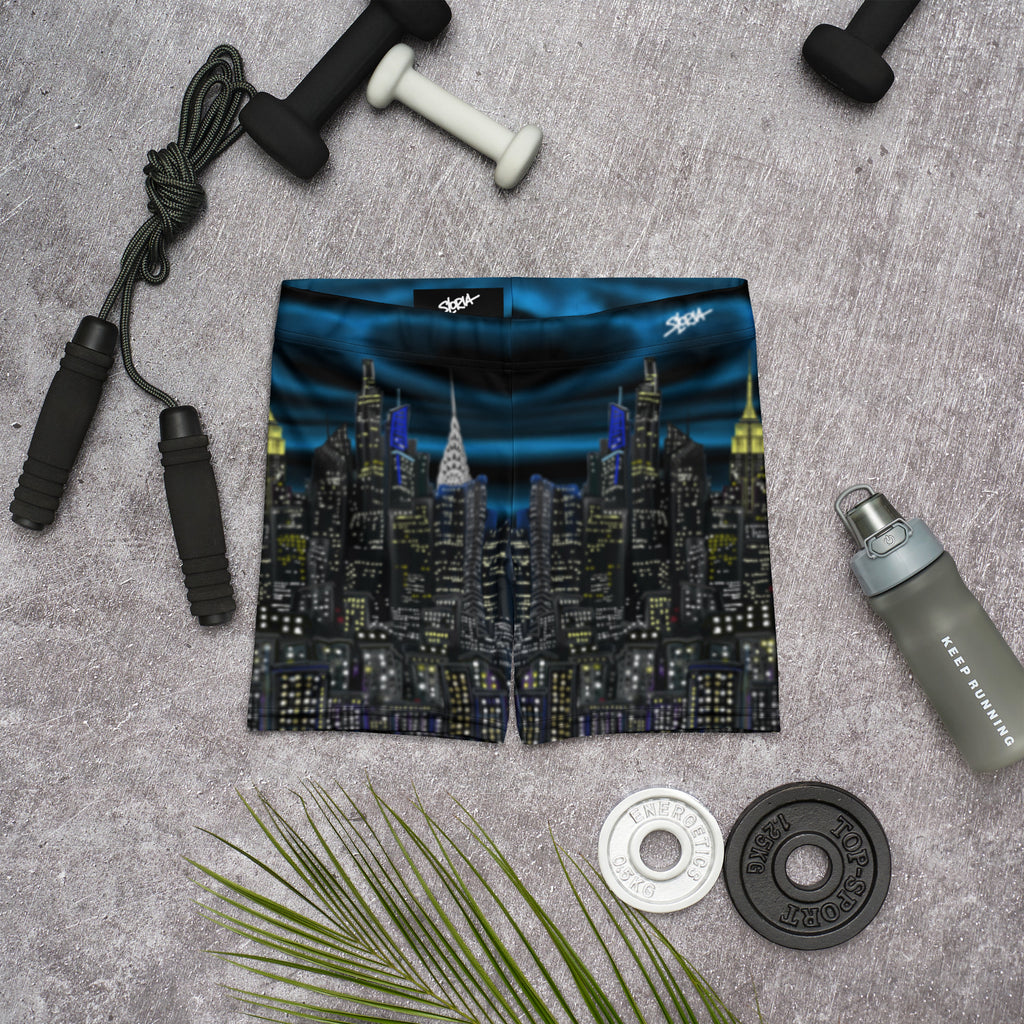 Cityscape Loria NYC Art shorts with fitness equipment on a gray surface