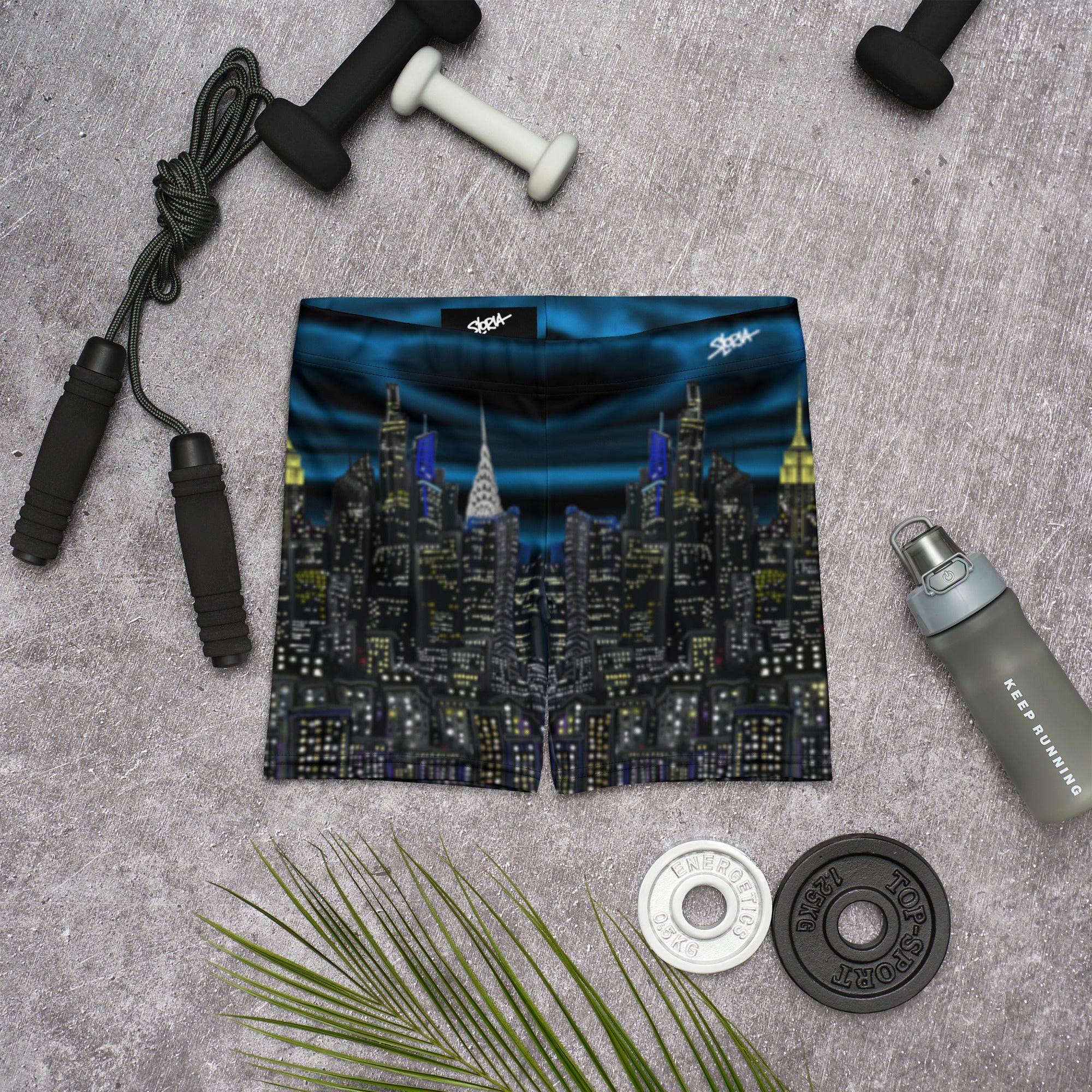 Cityscape Loria NYC Art shorts with fitness equipment on a gray surface