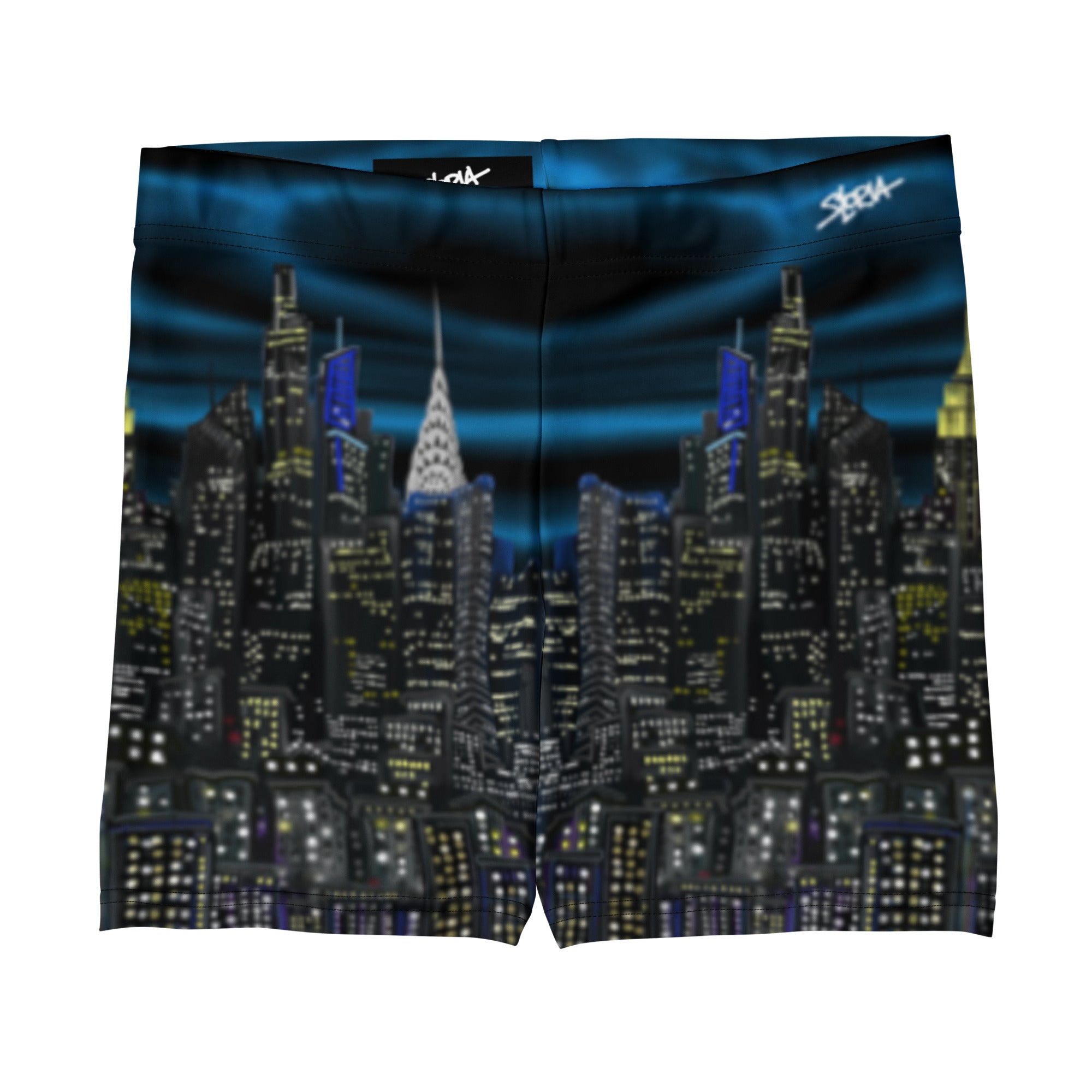 Yoga short with a cityscape Loria NYC Art design on a white background
